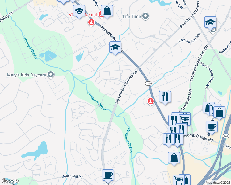 map of restaurants, bars, coffee shops, grocery stores, and more near 3660 Westchase Village Lane in Norcross