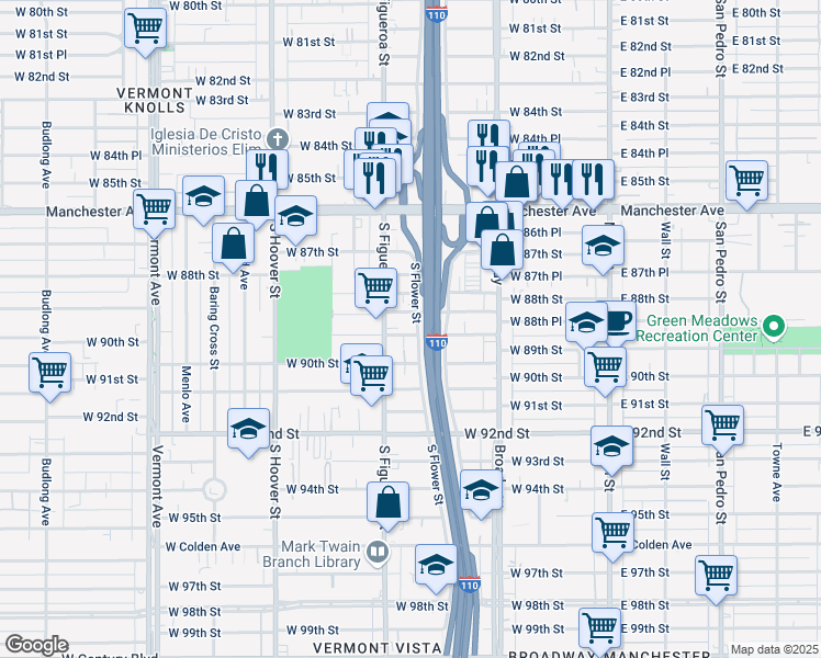 map of restaurants, bars, coffee shops, grocery stores, and more near 439 West 89th Street in Los Angeles