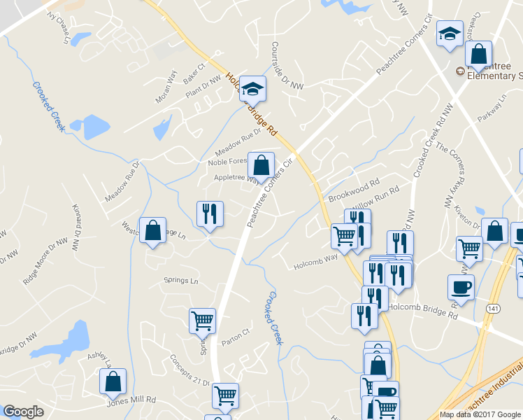 map of restaurants, bars, coffee shops, grocery stores, and more near 6451 Appletree Way in Norcross