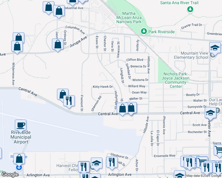 map of restaurants, bars, coffee shops, grocery stores, and more near 5940 Kitty Hawk Drive in Riverside
