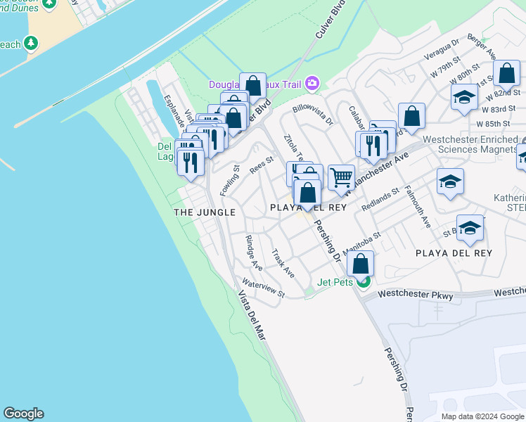 map of restaurants, bars, coffee shops, grocery stores, and more near 7145 Trask Avenue in Los Angeles