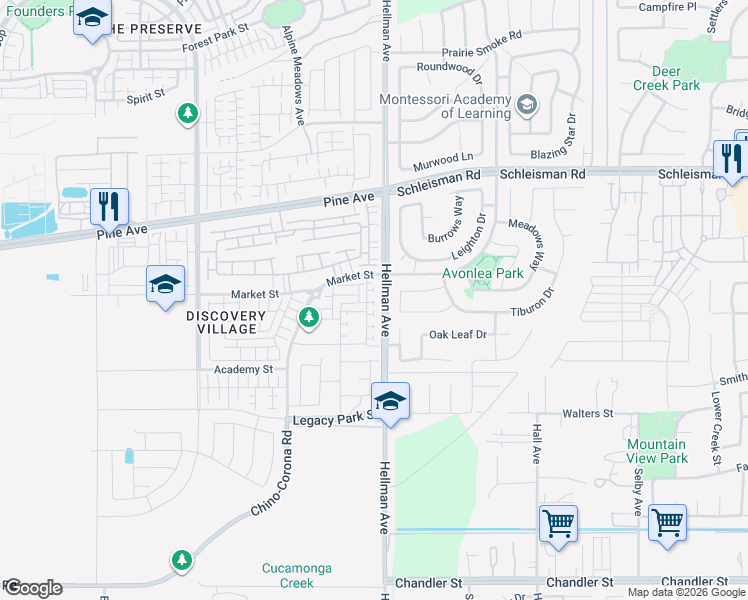 map of restaurants, bars, coffee shops, grocery stores, and more near in Chino