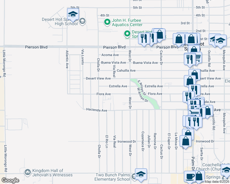 map of restaurants, bars, coffee shops, grocery stores, and more near 65868 Flora Avenue in Desert Hot Springs