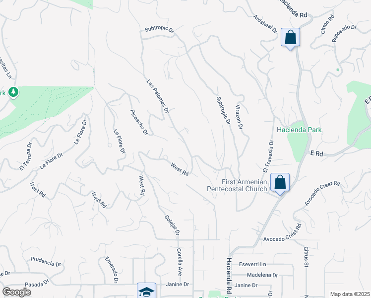 map of restaurants, bars, coffee shops, grocery stores, and more near Las Palomas Drive in La Habra Heights