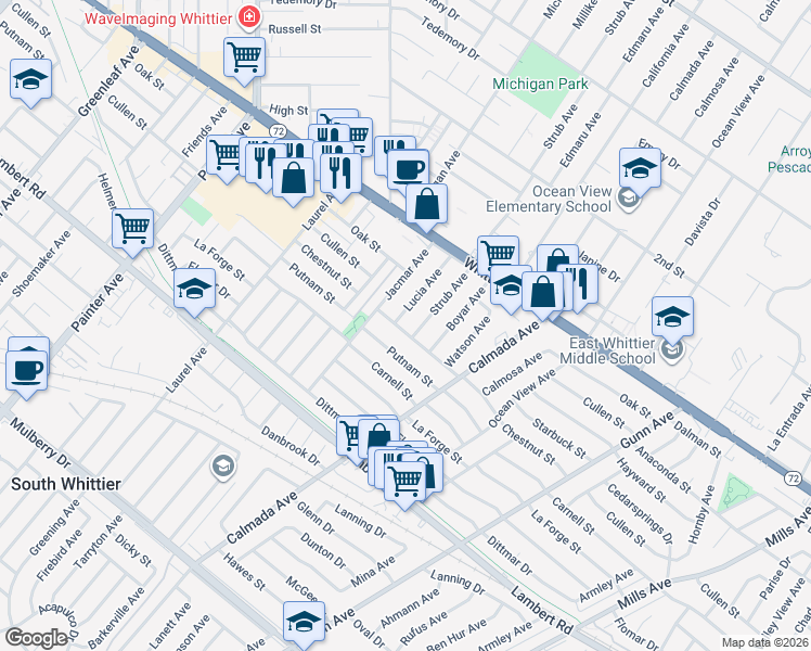map of restaurants, bars, coffee shops, grocery stores, and more near 13935 Chestnut Street in Whittier