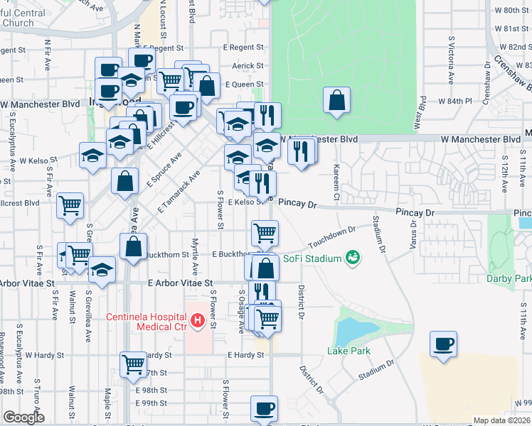 map of restaurants, bars, coffee shops, grocery stores, and more near 613 South Prairie Avenue in Inglewood