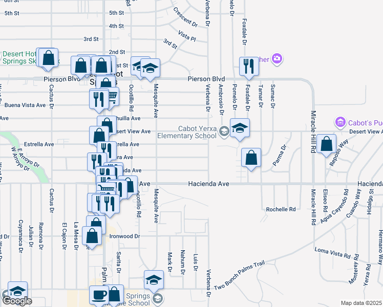 map of restaurants, bars, coffee shops, grocery stores, and more near 66922 Flora Avenue in Desert Hot Springs