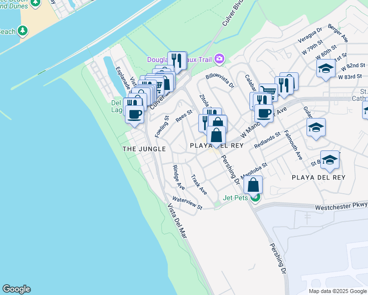 map of restaurants, bars, coffee shops, grocery stores, and more near 7145 Trask Avenue in Los Angeles