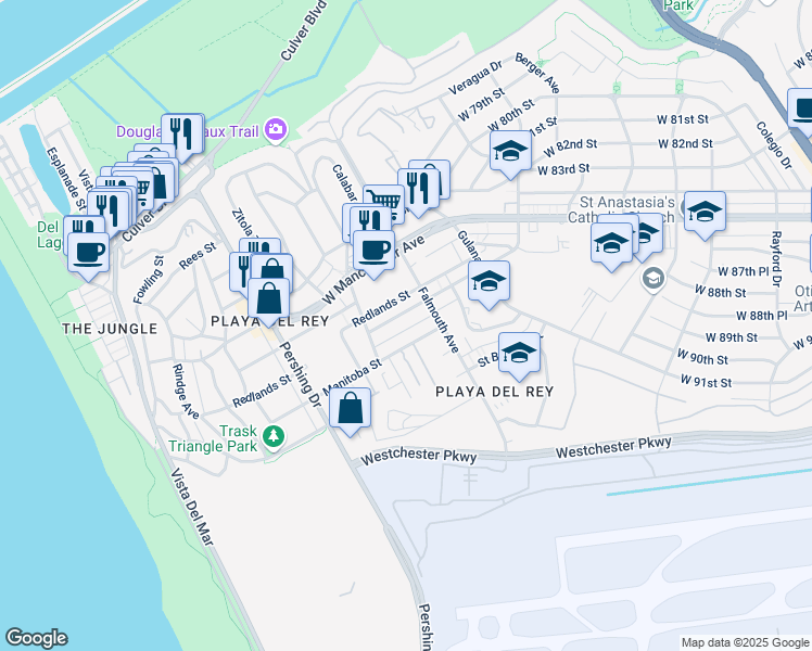 map of restaurants, bars, coffee shops, grocery stores, and more near 8130 Redlands Street in Los Angeles