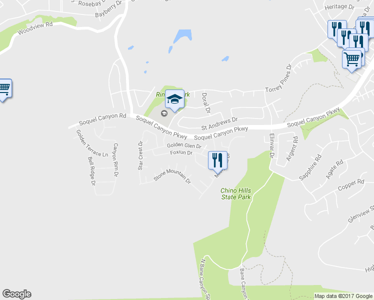 map of restaurants, bars, coffee shops, grocery stores, and more near 16320-16326 Whitefield Court in Chino Hills