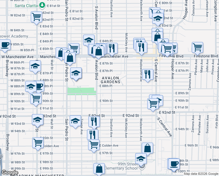 map of restaurants, bars, coffee shops, grocery stores, and more near 652 East 88th Place in Los Angeles