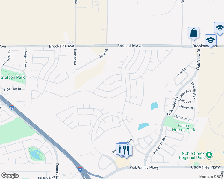 map of restaurants, bars, coffee shops, grocery stores, and more near 936 Avenal Way in Beaumont