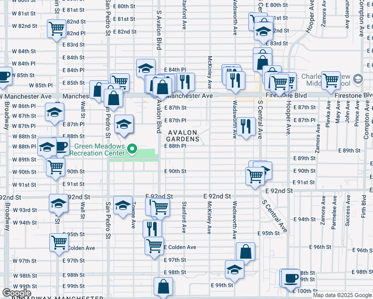 map of restaurants, bars, coffee shops, grocery stores, and more near 658 East 89th Street in Los Angeles