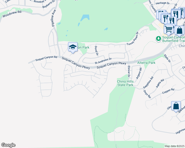map of restaurants, bars, coffee shops, grocery stores, and more near 4364 Foxrun Drive in Chino Hills