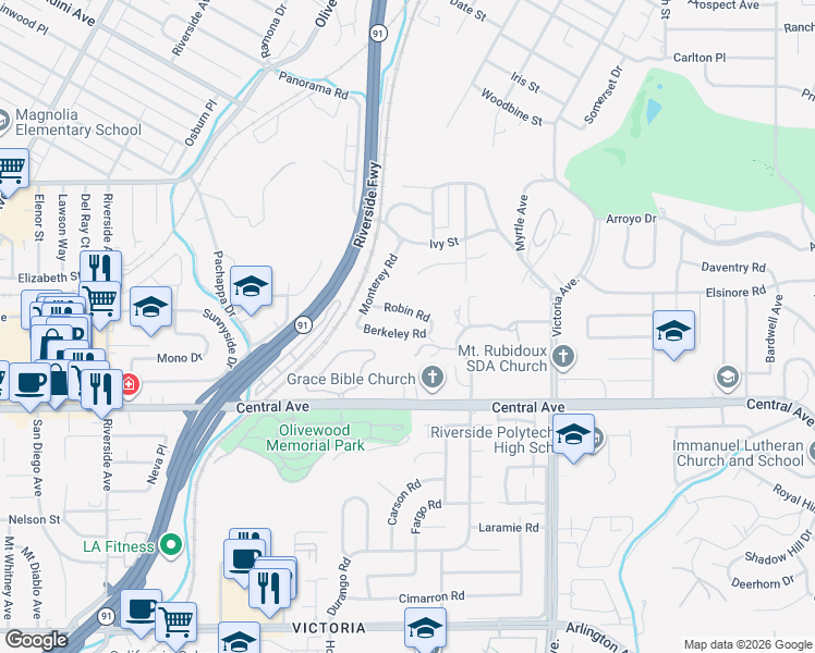 map of restaurants, bars, coffee shops, grocery stores, and more near 2939 Berkeley Road in Riverside