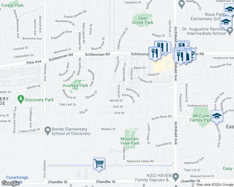 map of restaurants, bars, coffee shops, grocery stores, and more near 14568 Serenade Drive in Corona