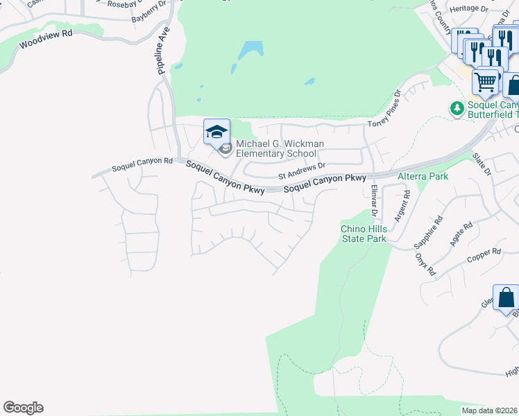 map of restaurants, bars, coffee shops, grocery stores, and more near 4328 Foxrun Drive in Chino Hills