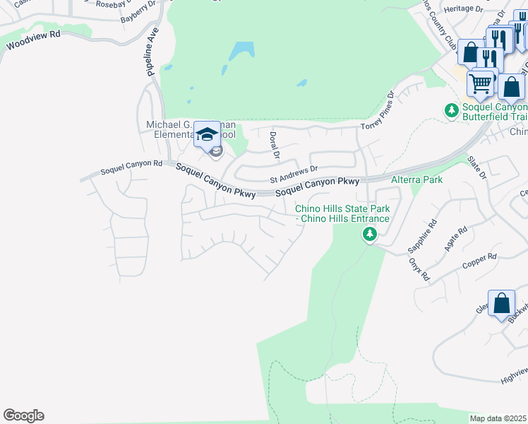 map of restaurants, bars, coffee shops, grocery stores, and more near 4364 Foxrun Drive in Chino Hills