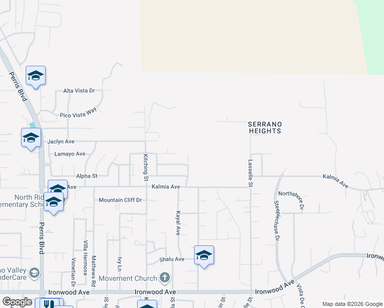 map of restaurants, bars, coffee shops, grocery stores, and more near 11340 Ridgemont Drive in Moreno Valley