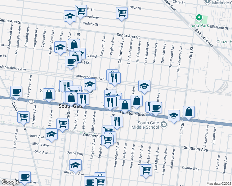 map of restaurants, bars, coffee shops, grocery stores, and more near 8661 California Avenue in South Gate