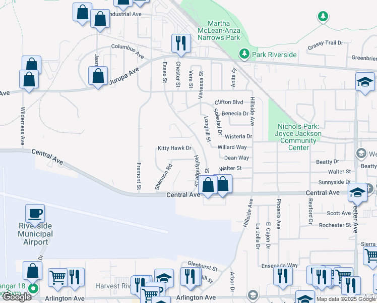 map of restaurants, bars, coffee shops, grocery stores, and more near 5940 Kitty Hawk Drive in Riverside