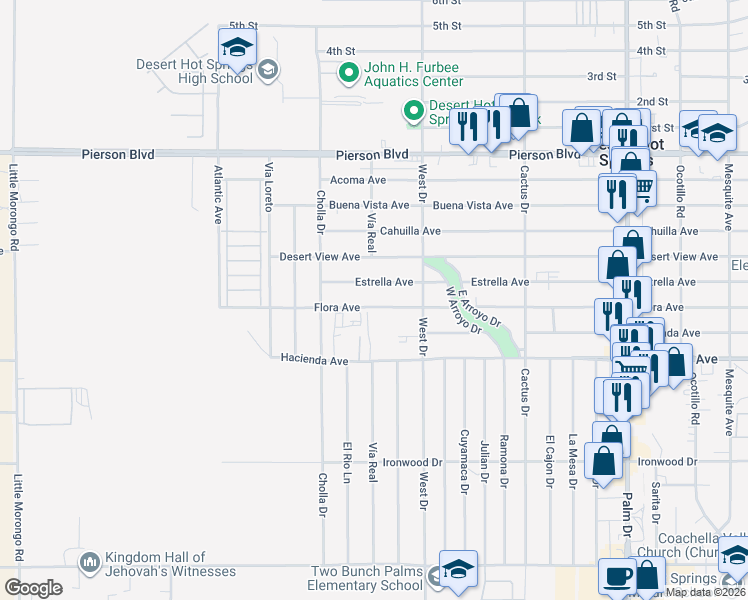 map of restaurants, bars, coffee shops, grocery stores, and more near 65868 Flora Avenue in Desert Hot Springs