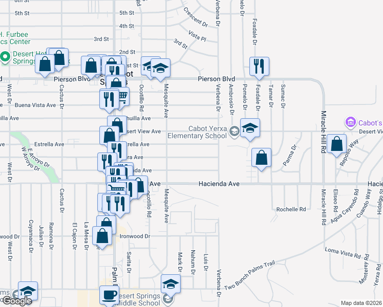map of restaurants, bars, coffee shops, grocery stores, and more near 66876 Flora Avenue in Desert Hot Springs