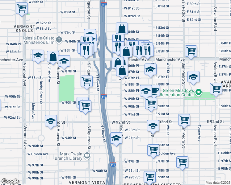 map of restaurants, bars, coffee shops, grocery stores, and more near 317 West 89th Street in Los Angeles