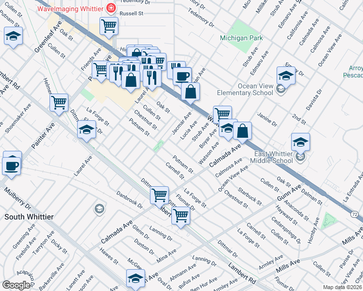 map of restaurants, bars, coffee shops, grocery stores, and more near 13935 Chestnut Street in Whittier