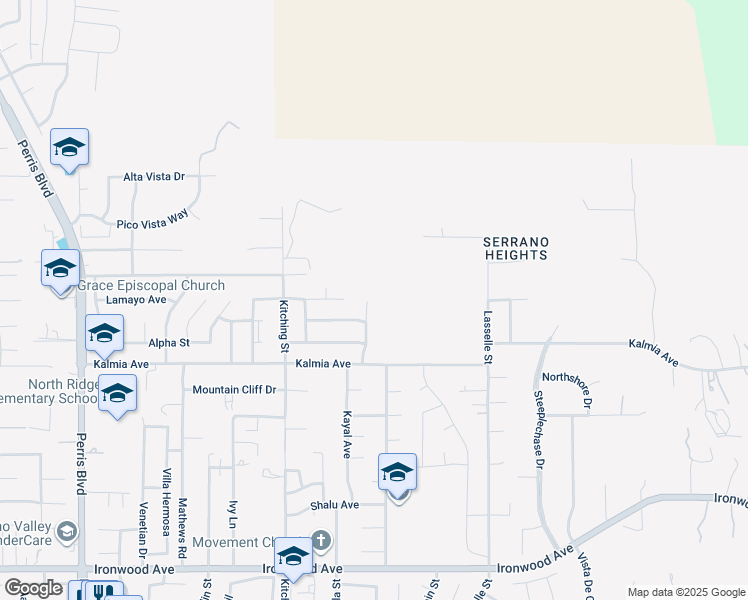 map of restaurants, bars, coffee shops, grocery stores, and more near 11340 Ridgemont Drive in Moreno Valley