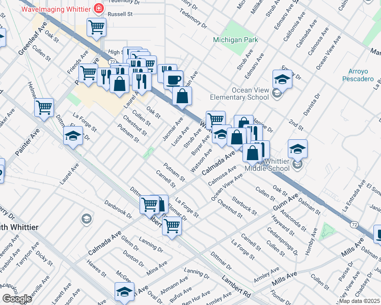 map of restaurants, bars, coffee shops, grocery stores, and more near 8907 Boyar Avenue in Whittier