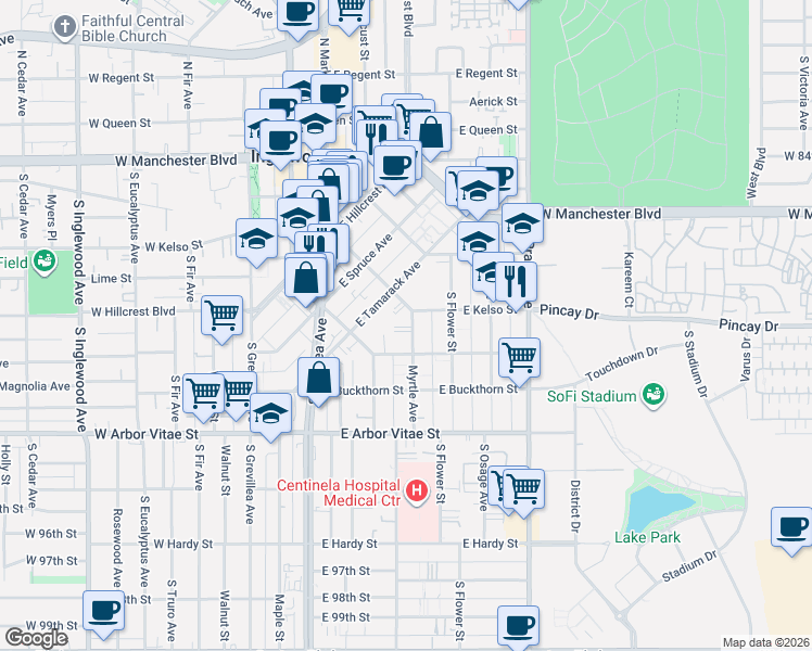 map of restaurants, bars, coffee shops, grocery stores, and more near 611 Myrtle Avenue in Inglewood