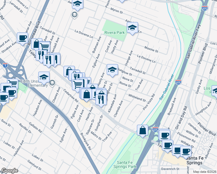 map of restaurants, bars, coffee shops, grocery stores, and more near 8621 Songfest Drive in Pico Rivera