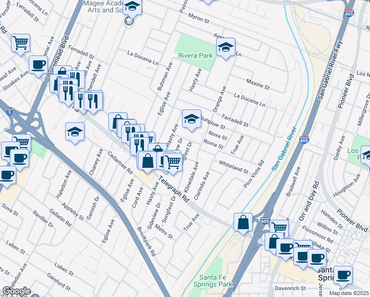 map of restaurants, bars, coffee shops, grocery stores, and more near 8621 Songfest Drive in Pico Rivera