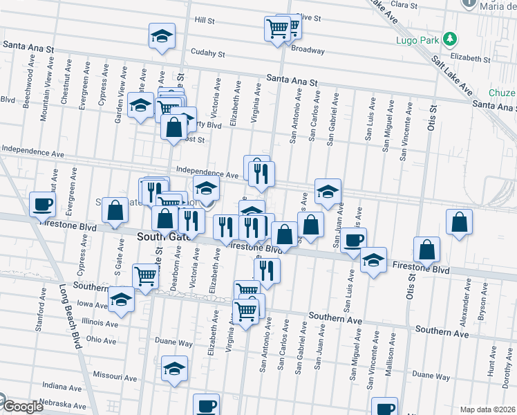 map of restaurants, bars, coffee shops, grocery stores, and more near 8633 California Avenue in South Gate
