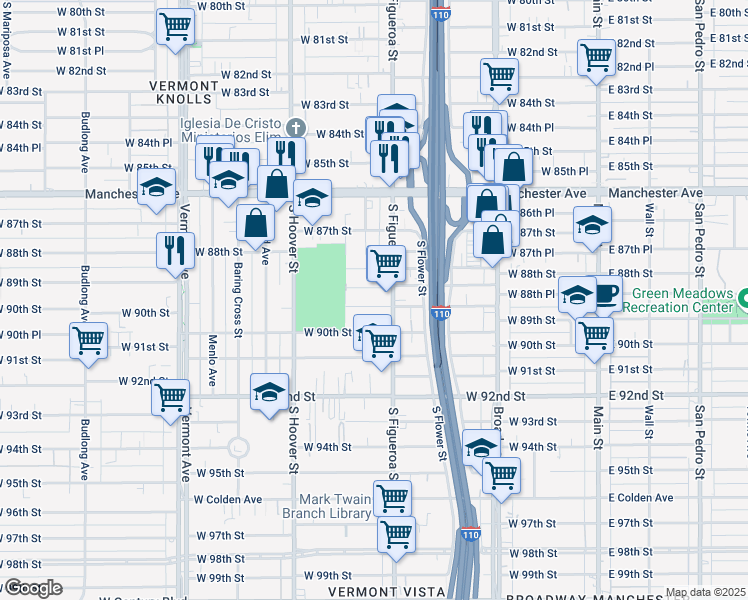 map of restaurants, bars, coffee shops, grocery stores, and more near 544 West 88th Street in Los Angeles