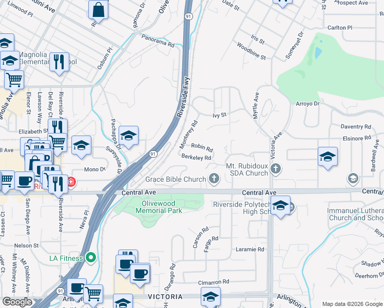 map of restaurants, bars, coffee shops, grocery stores, and more near 2963 Berkeley Road in Riverside