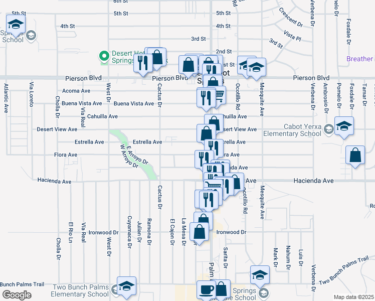 map of restaurants, bars, coffee shops, grocery stores, and more near 66366 Estrella Avenue in Desert Hot Springs