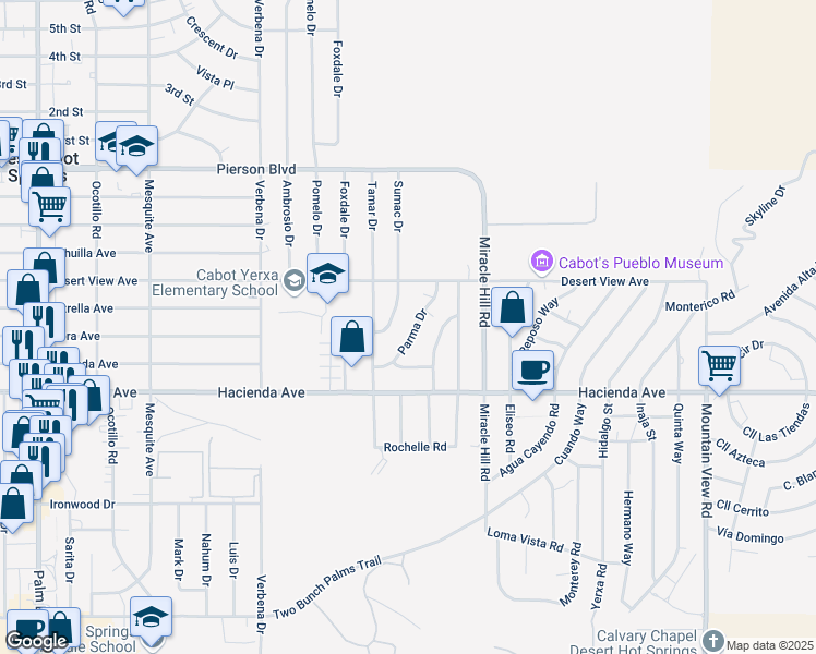 map of restaurants, bars, coffee shops, grocery stores, and more near 12757 Parma Drive in Desert Hot Springs