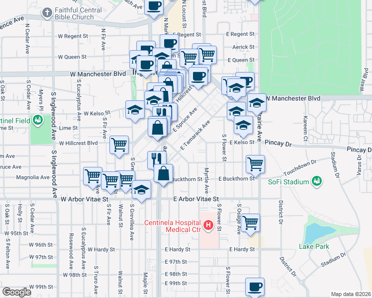 map of restaurants, bars, coffee shops, grocery stores, and more near 229 East Tamarack Avenue in Inglewood