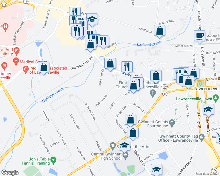 map of restaurants, bars, coffee shops, grocery stores, and more near 518 Rebecca Street in Lawrenceville