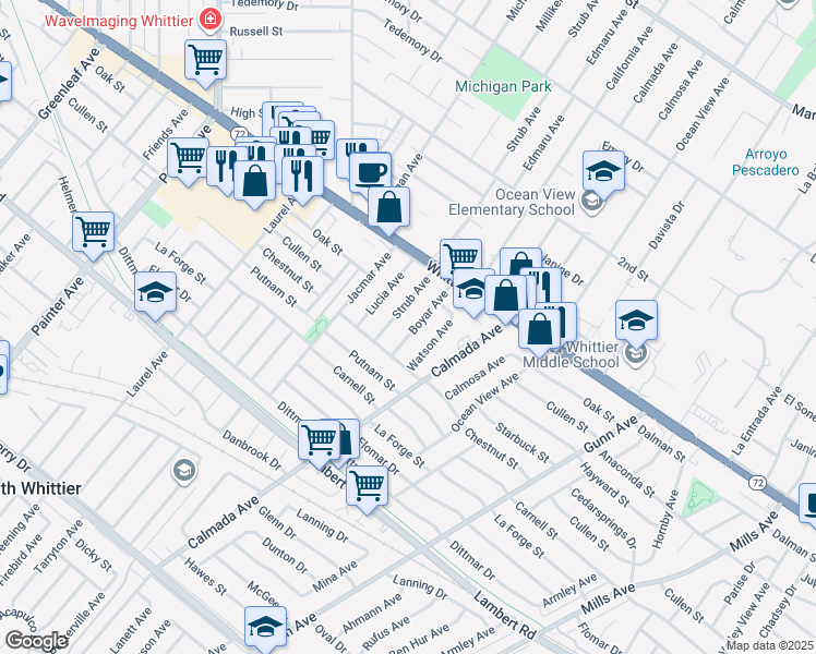 map of restaurants, bars, coffee shops, grocery stores, and more near 8907 Boyar Avenue in Whittier