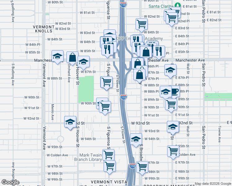 map of restaurants, bars, coffee shops, grocery stores, and more near 439 West 89th Street in Los Angeles