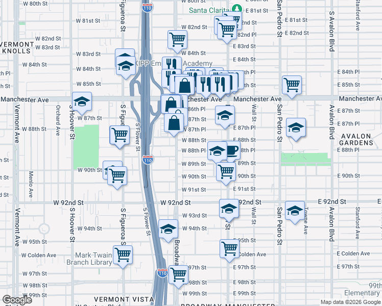 map of restaurants, bars, coffee shops, grocery stores, and more near 212 West 88th Street in Los Angeles