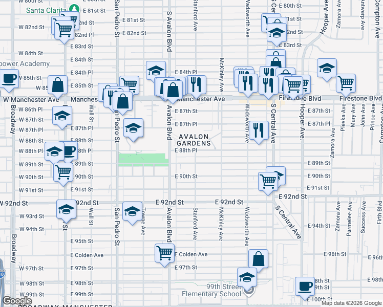 map of restaurants, bars, coffee shops, grocery stores, and more near 652 East 88th Place in Los Angeles