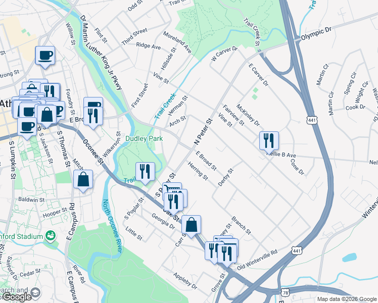map of restaurants, bars, coffee shops, grocery stores, and more near 1398 East Broad Street in Athens