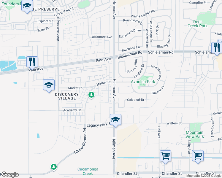 map of restaurants, bars, coffee shops, grocery stores, and more near 16391 Globetrotter Avenue in Chino