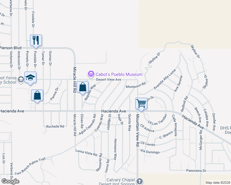 map of restaurants, bars, coffee shops, grocery stores, and more near 12720 Cuando Way in Desert Hot Springs