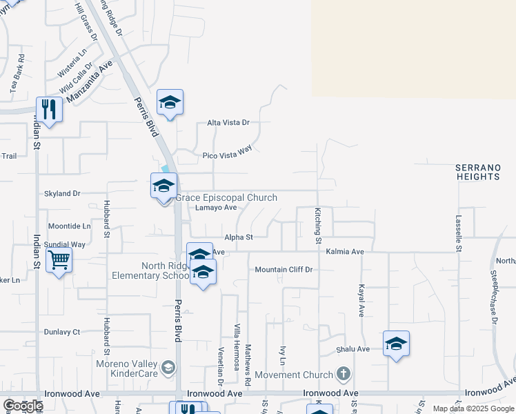map of restaurants, bars, coffee shops, grocery stores, and more near 11325 Splendor Way in Moreno Valley