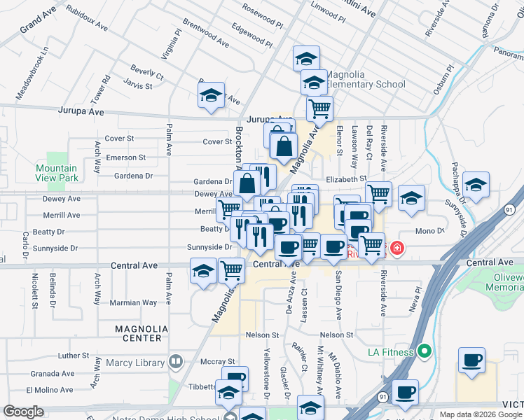 map of restaurants, bars, coffee shops, grocery stores, and more near 3912 Merrill Avenue in Riverside
